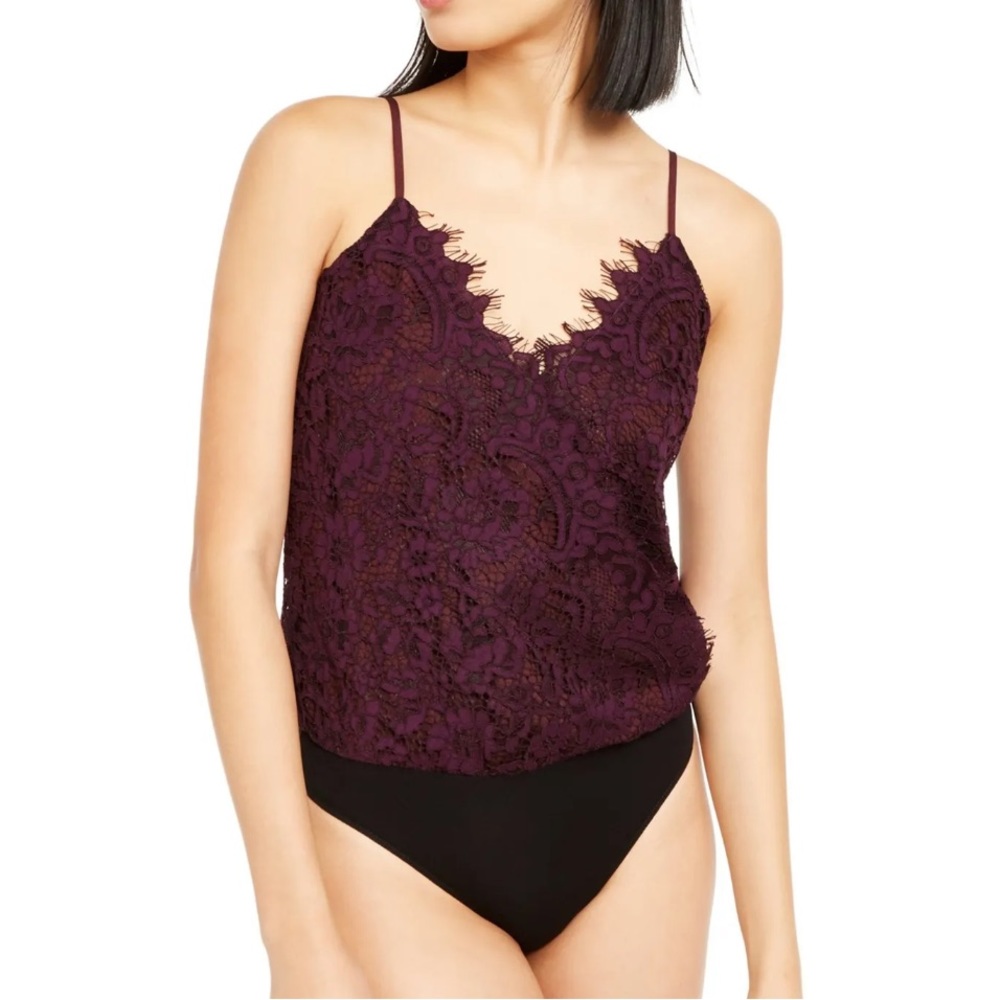 ⚡️NWT V-Neck Lace Bodysuit Lined Lace Plum Maroon Bikini Cut Blouse Top | Medium